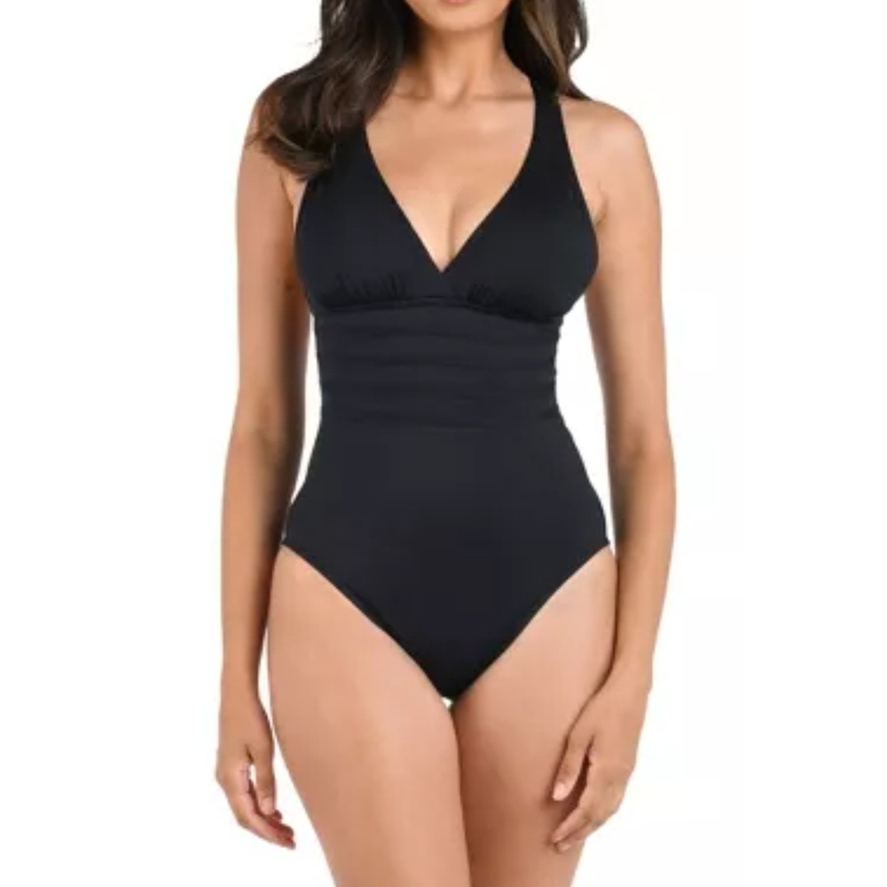 La Blanca Womens Black Tummy Control Island Goddess Back One Piece Swimsuit Sz 6